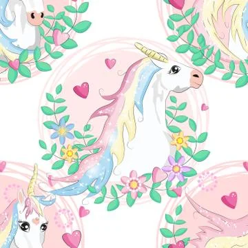 Pattern with cute unicorns, clouds,rainbow and stars. Magic background with l Stock Illustration