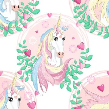 Pattern with cute unicorns, clouds,rainbow and stars. Magic background with l Stock Illustration