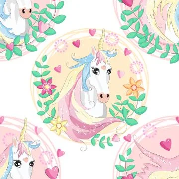 Pattern with cute unicorns, clouds,rainbow and stars. Magic background with l Stock Illustration
