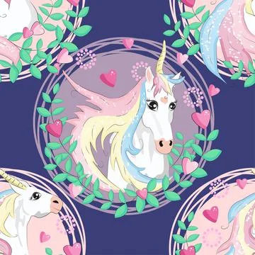 Pattern with cute unicorns, clouds,rainbow and stars. Magic background with l Stock Illustration