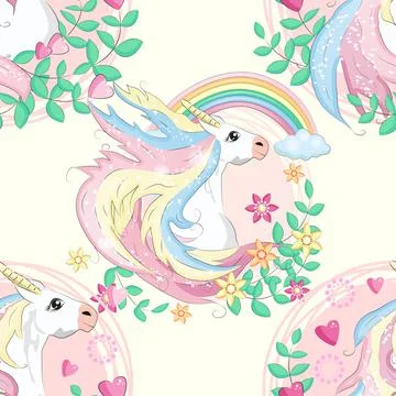 Pattern with cute unicorns, clouds,rainbow and stars. Magic background with l Illustrazione stock