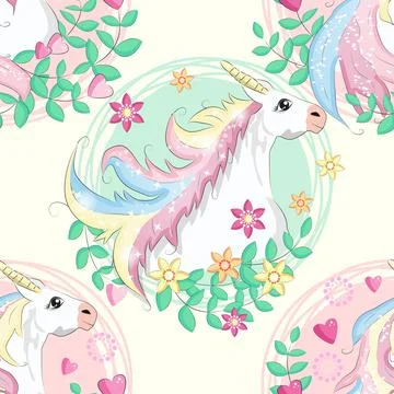 Pattern with cute unicorns, clouds,rainbow and stars. Magic background with l Stock Illustration