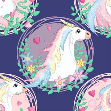 Pattern with cute unicorns, clouds,rainbow and stars. Magic background with l Stock Illustration