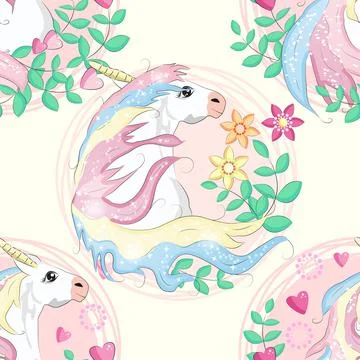 Pattern with cute unicorns, clouds,rainbow and stars. Magic background with l Stock Illustration