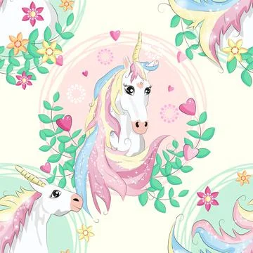 Pattern with cute unicorns, clouds,rainbow and stars. Magic background with l Illustrazione stock