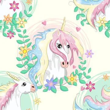 Pattern with cute unicorns, clouds,rainbow and stars. Magic background with l Stock Illustration