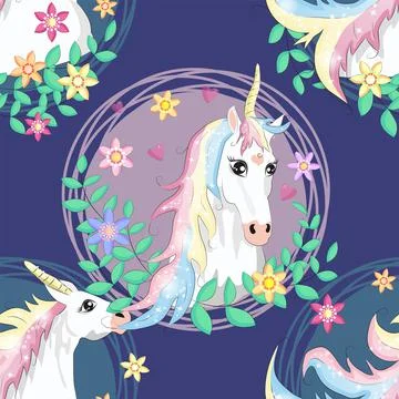 Pattern with cute unicorns, clouds,rainbow and stars. Magic background with l Stock Illustration