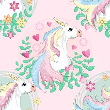Pattern with cute unicorns, clouds,rainbow and stars. Magic background with l Stock Illustration
