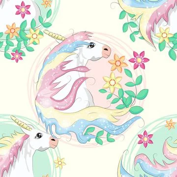 Pattern with cute unicorns, clouds,rainbow and stars. Magic background with l Stock Illustration