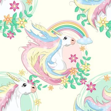 Pattern with cute unicorns, clouds,rainbow and stars. Magic background with l Stock Illustration