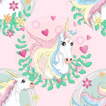 Pattern with cute unicorns, clouds,rainbow and stars. Magic background with l Stock Illustration