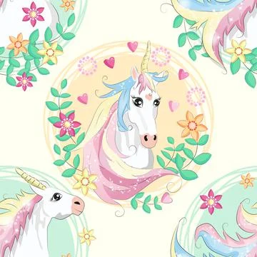 Pattern with cute unicorns, clouds,rainbow and stars. Magic background with l Stock Illustration