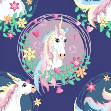 Pattern with cute unicorns, clouds,rainbow and stars. Magic background with l Stock Illustration