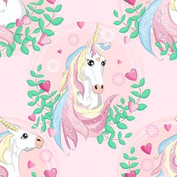 Pattern with cute unicorns, clouds,rainbow and stars. Magic background with l Stock Illustration