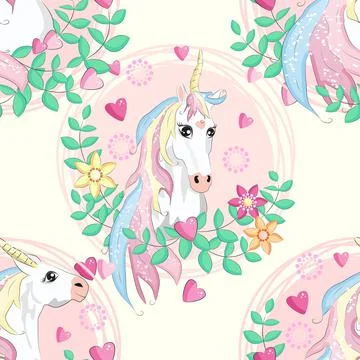 Pattern with cute unicorns, clouds,rainbow and stars. Magic background with l Stock Illustration