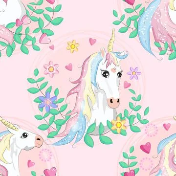 Pattern with cute unicorns, clouds,rainbow and stars. Magic background with l Stock Illustration