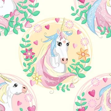 Pattern with cute unicorns, clouds,rainbow and stars. Magic background with l Stock Illustration