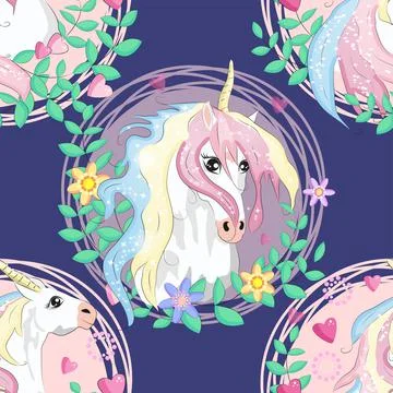 Pattern with cute unicorns, clouds,rainbow and stars. Magic background with l Stock Illustration