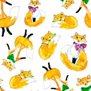 Pattern with cute watercolor foxes Stock Illustration