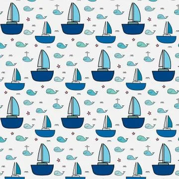 Pattern With Cute Whale And Sailboat. Stock Illustration