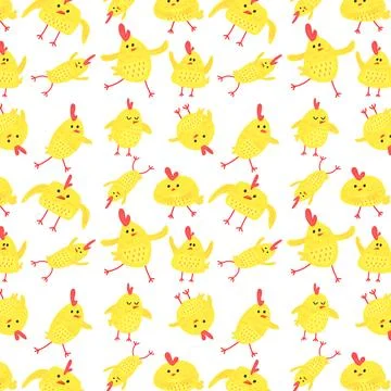 Pattern of cute yellow chickens, animals in different poses. Stock Illustration
