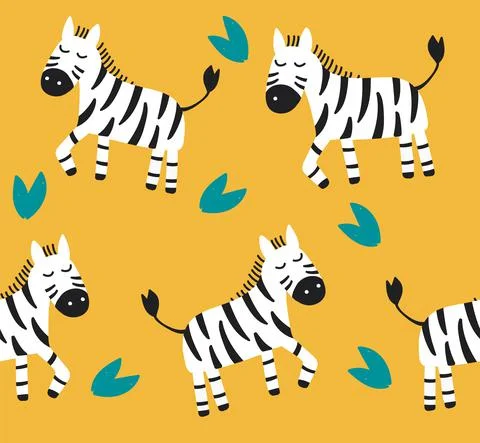 Pattern with cute zebras on yellow background. Stock Illustration
