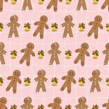 Pattern of dancing, gingerbread men.Pink background. Vector illustration. Stock Illustration