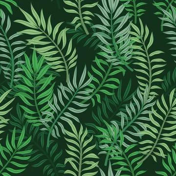Pattern on a dark background with tropical palm leaves Stock Illustration