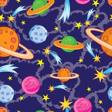 Pattern, on a dark blue background, multicolored planets and the moon, vector Ilustração Stock
