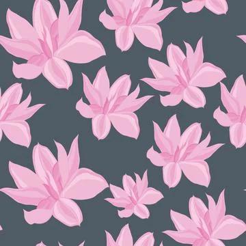 Pattern, on a dark gray background delicate pink large flowers, vector illust Stock Illustration