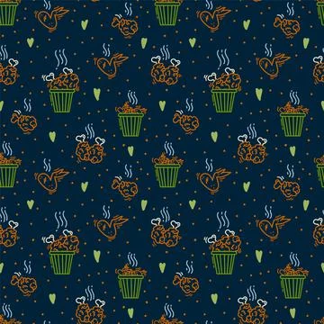 The pattern is dark grilled chicken. The background of the food doodle is Stock Illustration