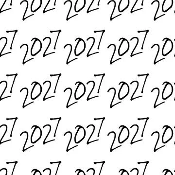 Pattern of dark hand drawn 2027 numbers on white with loose handwritten text for Stockillustratie