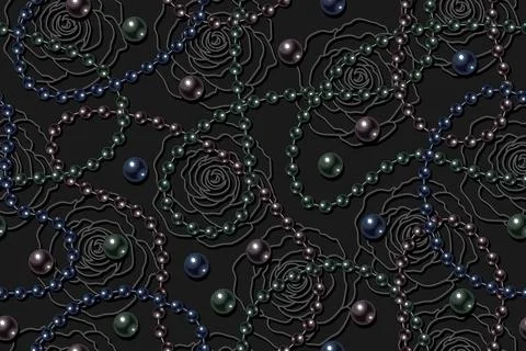 Pattern with dark pearls, linear roses Stock Illustration
