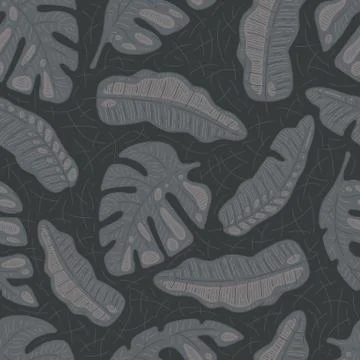Pattern dark tropical leaves exotic palm tree. Vector seamless black summer Stock Illustration