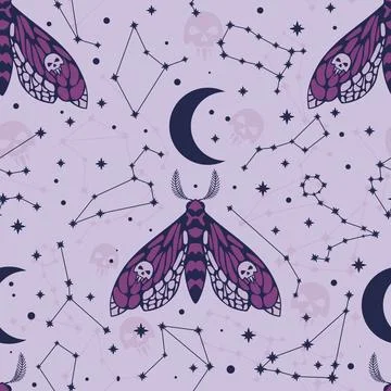 Pattern with dead head butterfly, moon and constellations Stock Illustration
