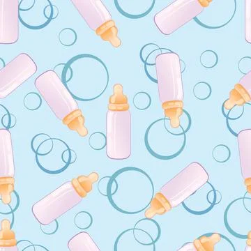 Pattern, decor of baby bottles with milk in pink color on a dull background,  Stock Illustration