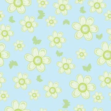 Pattern, decor of green flowers on a blue background, vector illustration, Illustrazione stock