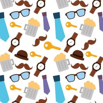 Pattern decoration mustache glasses bow tie necktie key watch beer hat Stock Illustration