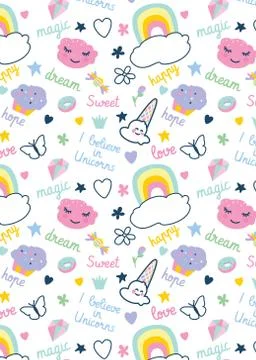 Pattern with decorative elements rainbow, donut Stock Illustration