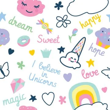 Pattern with decorative elements rainbow, donut, ice cream, clouds, cupcake,  스톡 일러스트