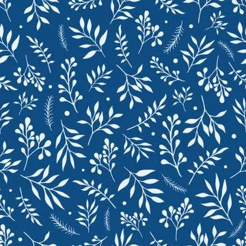 Pattern with decorative leaves on classic blue background Stock Illustration