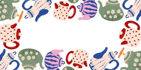 Pattern with decorative teapot and kettle in cozy flat style. Colorful Stock Illustration