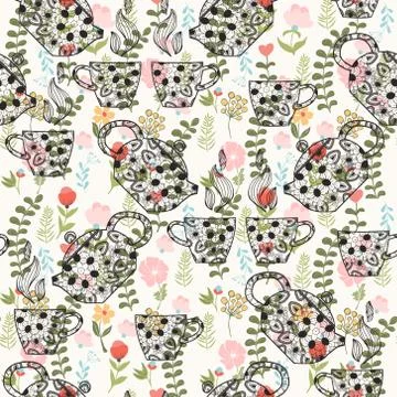 Pattern with decorative teapots and cups on Cute Floral background Stock Illustration