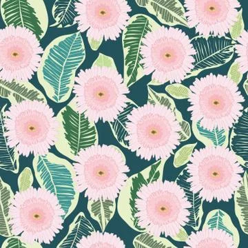 Pattern of decortive gerbera flowers and tropical leaves on dark green backgr Stock Illustration