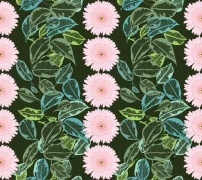 Pattern with decortive gerbera flowers and tropical leaves on dark green back Stock Illustration