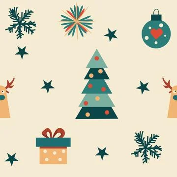 Pattern with deer, a gift and a Christmas tree , Seamless Stock Illustration