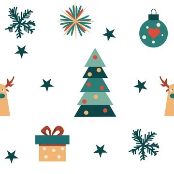 Pattern with deer, a gift and a Christmas tree on a white Stock Illustration