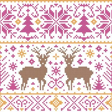 Pattern with deers, trees and snowflakes Stock Illustration