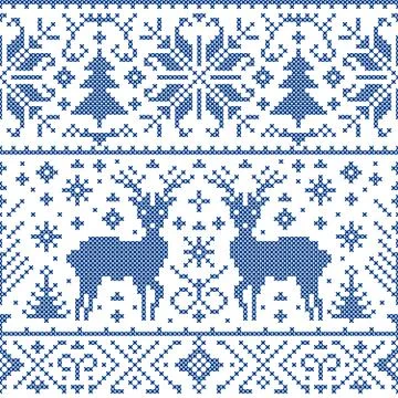 Pattern with deers, trees and snowflakes Stock Illustration