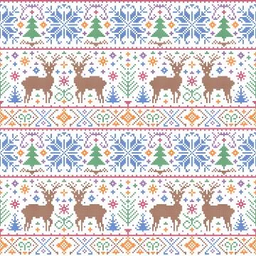 Pattern with deers, trees and snowflakes Stock Illustration